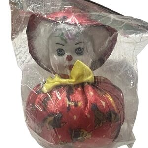 "Vtg 90s Porcelain Clown Jester Doll Red Gold Jester Outfit NIB Hand Painted"